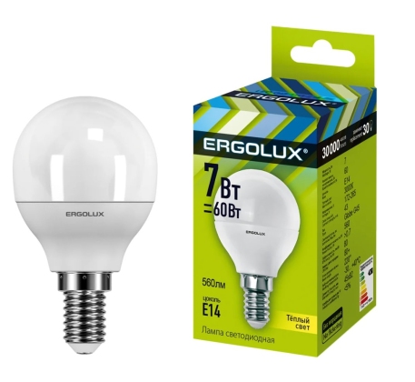 Лампа светодиодная «Ergolux» LED G45  7W, 60Вт (Е14) 3000К «шар» (1/10/100шт)/12142/874493 фото 1